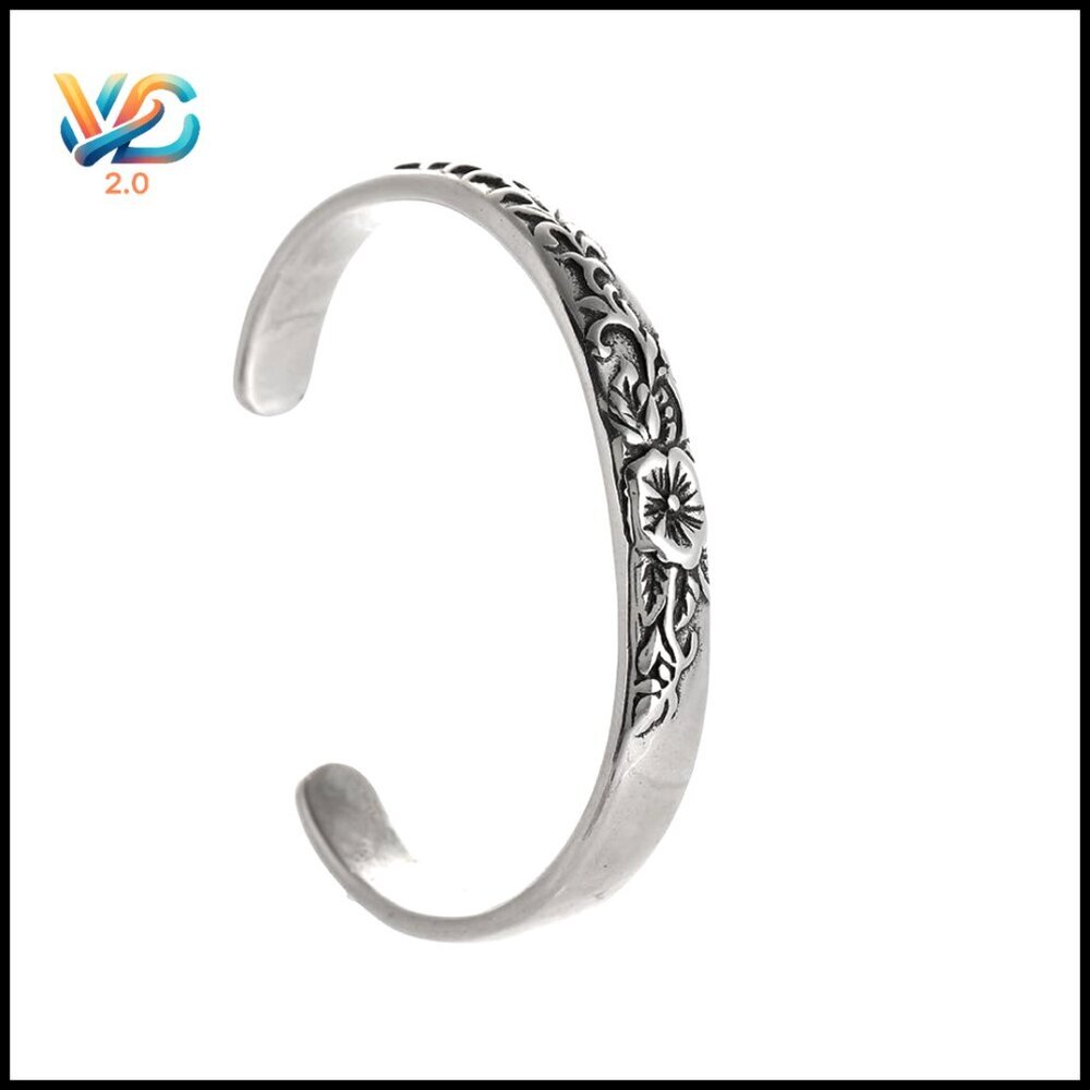 Vintage Repousse Flower Cuff Bracelet Stainless Steel Boho Jewelry